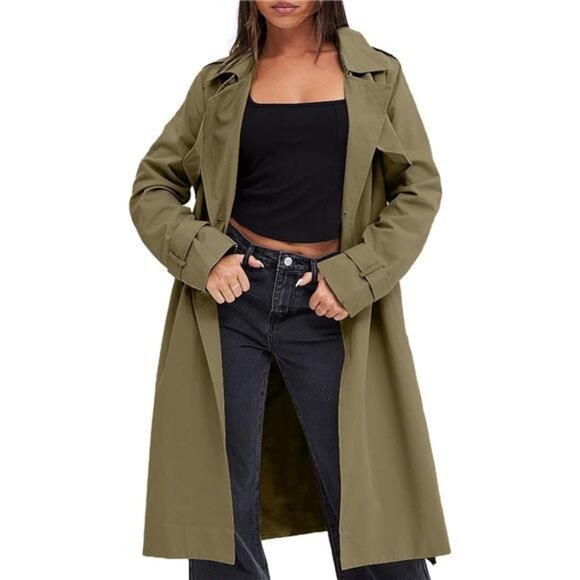 Women's Double Breasted Trench Coats Causal Windproof Long Lapel